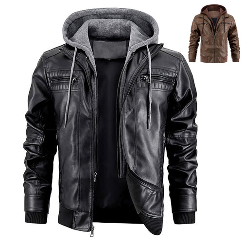 Hooded Jacket with Zipper Pockets Fashion Warm Pu Leather Coat Mens Clothing
