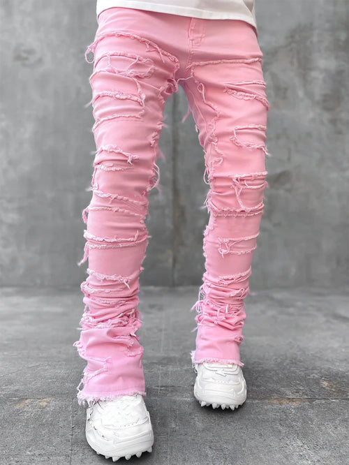 Ins Fringes Ripped Trousers Individual Patched Pants Long Tight Fit Stacked Jeans for Mens Clothing