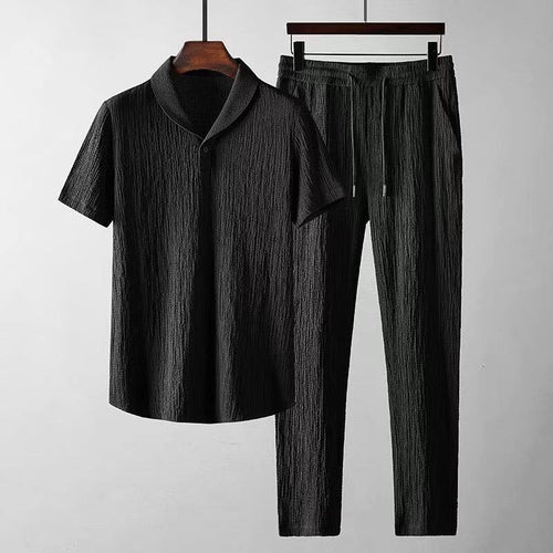 Elevate Your Summer Style with Our Trendy Loose-Fit Short Sleeve Top and Drawstring Trousers for Men
