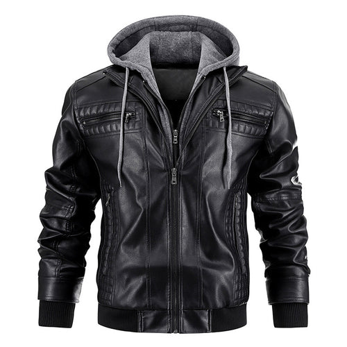 Hooded Jacket with Zipper Pockets Fashion Warm Pu Leather Coat Mens Clothing